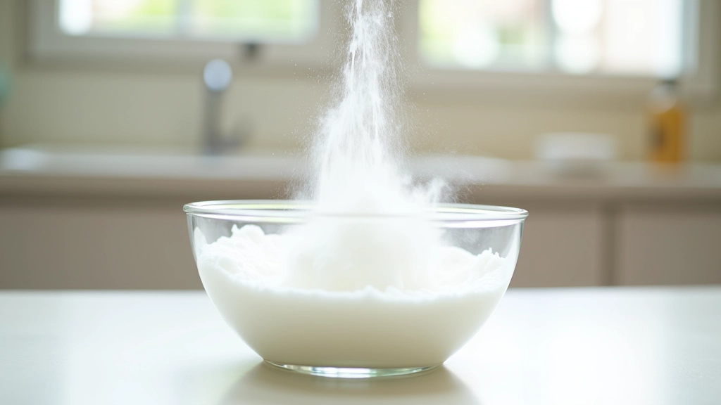 Réaction chimique entre vinaigre blanc et bicarbonate de soude produisant une mousse effervescente dans un bol en verre