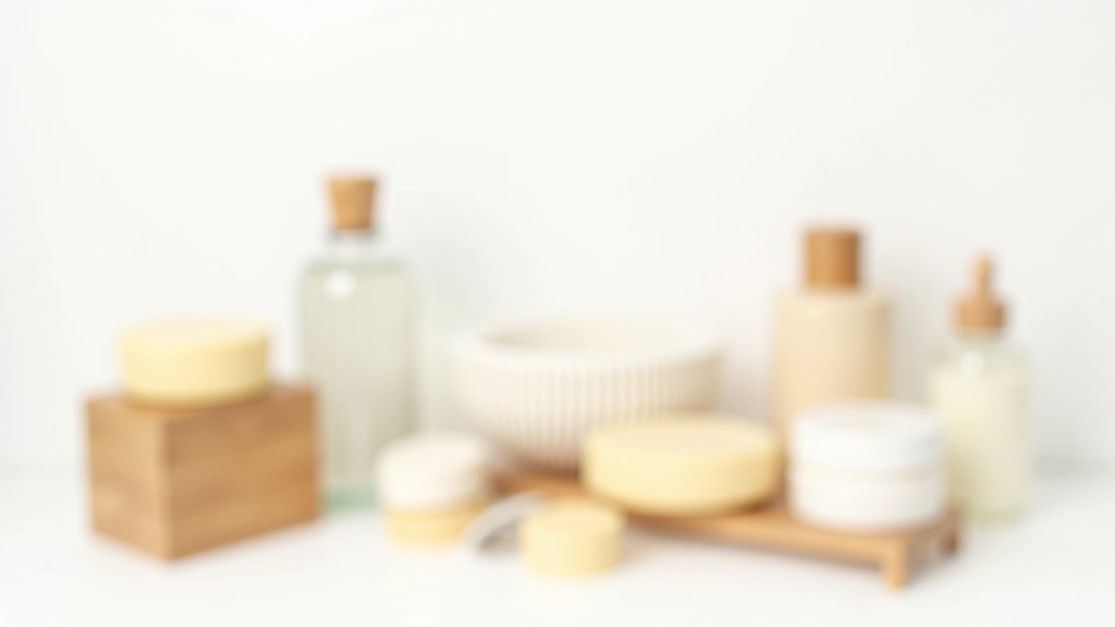 Assortiment de contenants durables : flacons en verre, boîtes en bambou, brosses naturelles et savons solides disposés esthétiquement