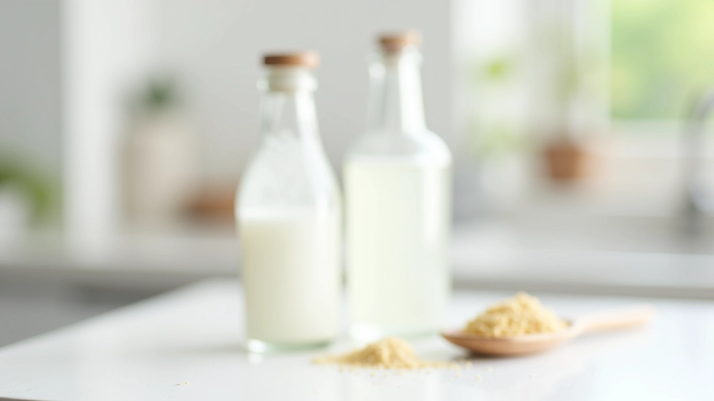 Bouteilles en verre avec vinaigre blanc et bicarbonate de soude sur un plan de travail blanc