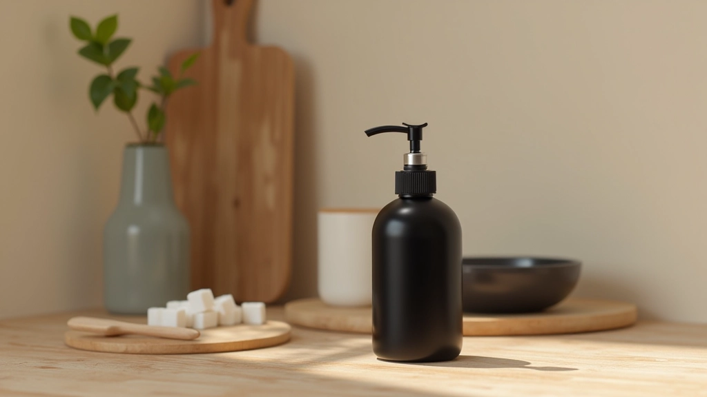 Bouteille réutilisable de savon noir avec étiquette personnalisée sur étagère minimaliste