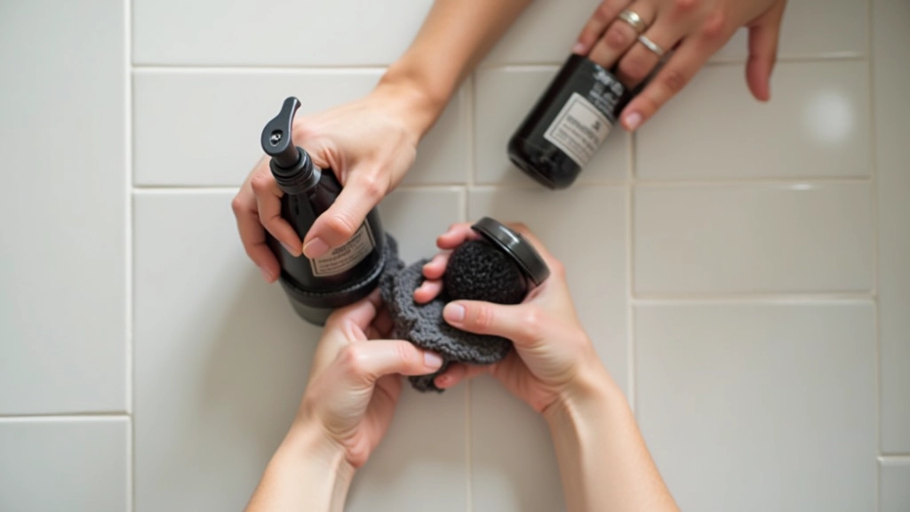 Mains tenant une brosse douce et un flacon de savon noir près d'une surface de carrelage à nettoyer