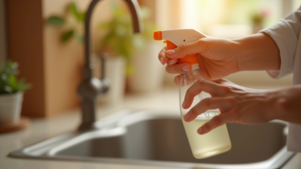 Mains versant du vinaigre blanc dans un pulvérisateur pour créer un nettoyant multi-usages