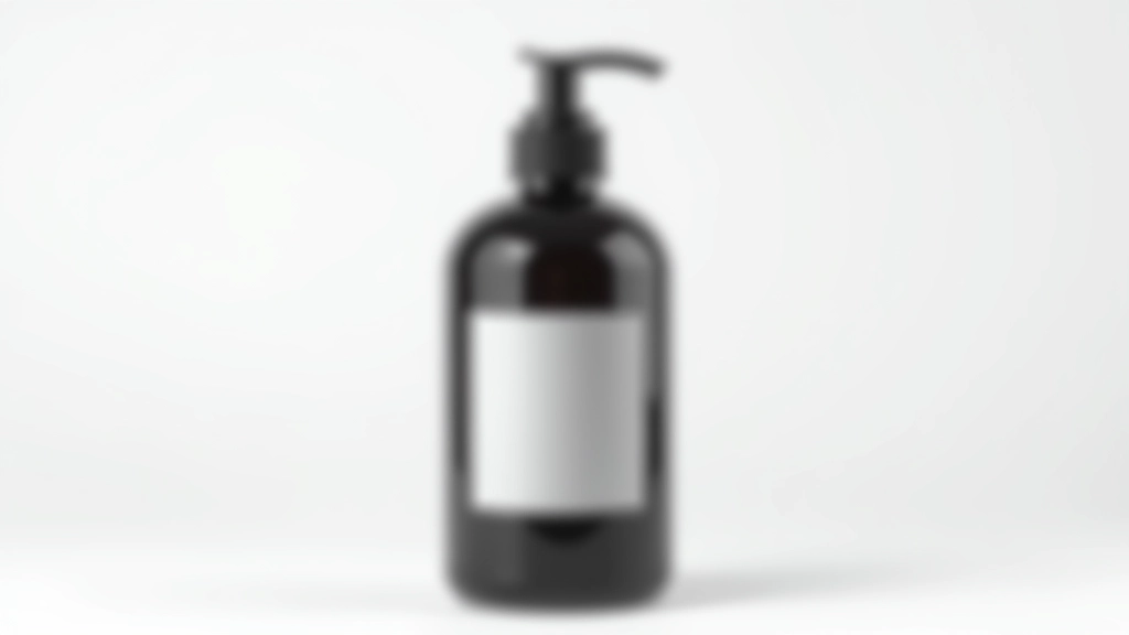 Savon noir liquide dans un flacon en verre avec étiquette, environnement minimaliste