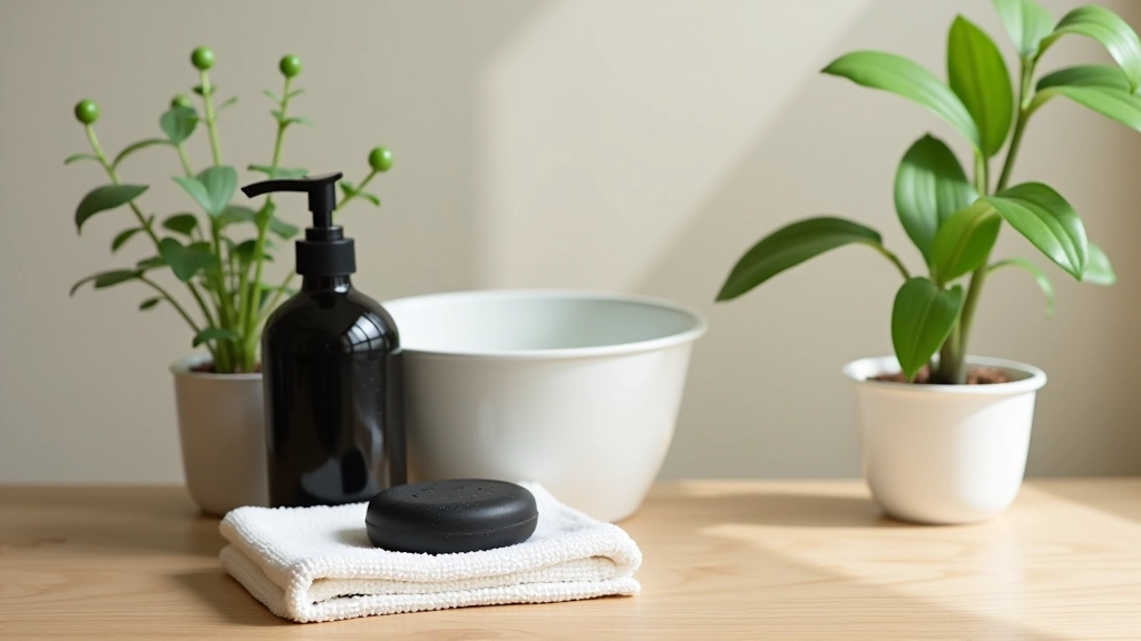 Arrangement minimaliste montrant une bouteille de savon noir, des lingettes réutilisables, un seau de nettoyage, et des plantes vertes