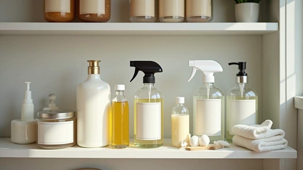 Étagère avec produits de nettoyage maison dans des bouteilles en verre étiquetées proprement organisées