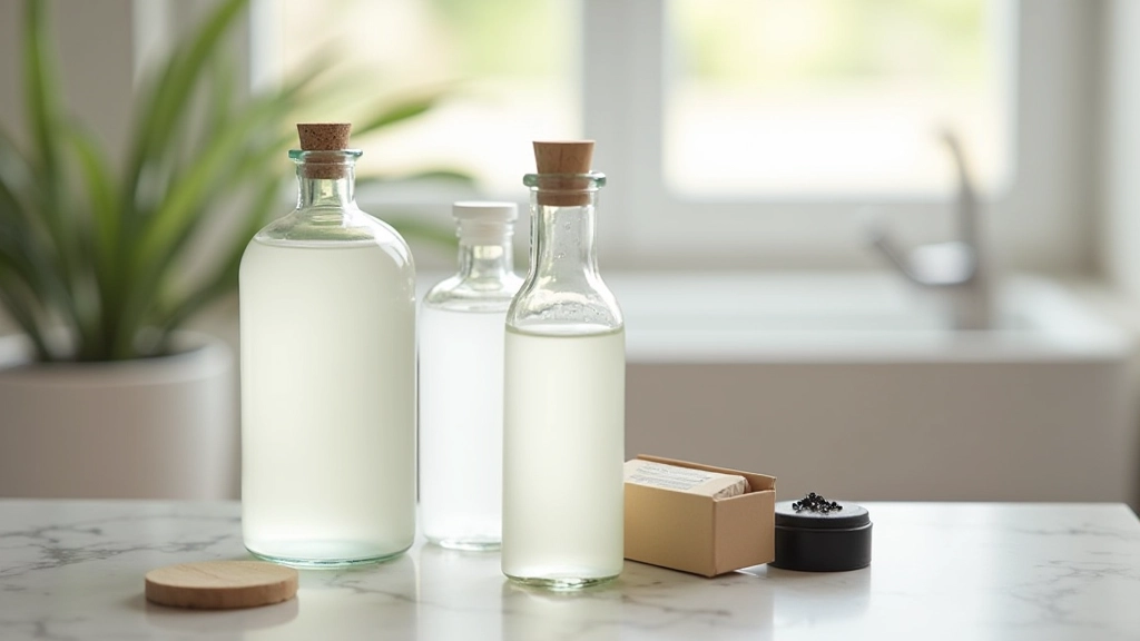 Plan de travail avec ingrédients de nettoyage naturels : vinaigre blanc, bicarbonate de soude et savon noir en bouteille