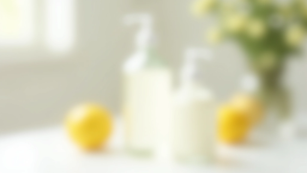 Bouteilles de vinaigre blanc, pot de bicarbonate et citron frais posés sur surface en marbre blanc avec ombre naturelle