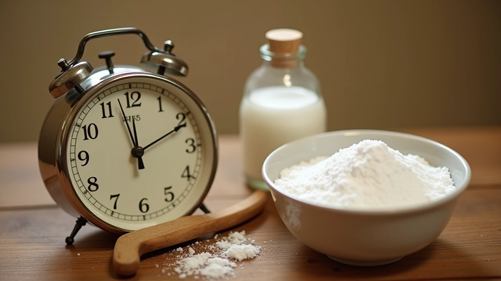 Chronomètre vintage à côté d'une bouteille de vinaigre blanc et d'un bol de bicarbonate blanc
