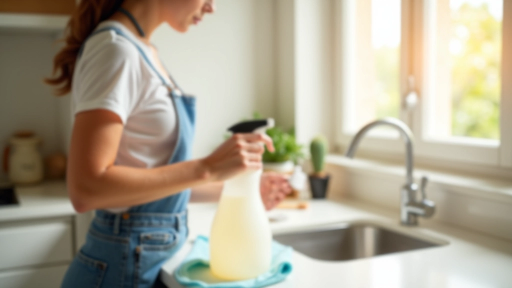 Femme nettoyant un comptoir de cuisine blanc avec spray naturel et chiffon microfibre, lumière naturelle du matin